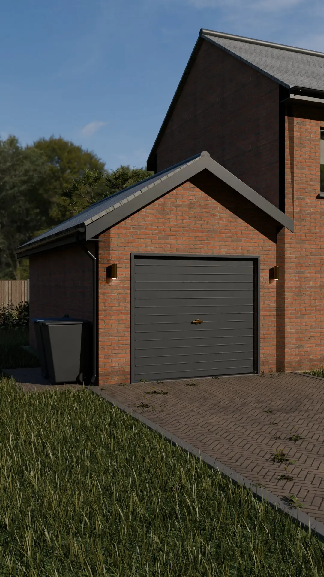 A brick garage attached to a house. Its door opens, the garage is converted, and the same space becomes a bedroom with en suite, a home office, a playroom, a home gym and finally a kitchen knock-through.