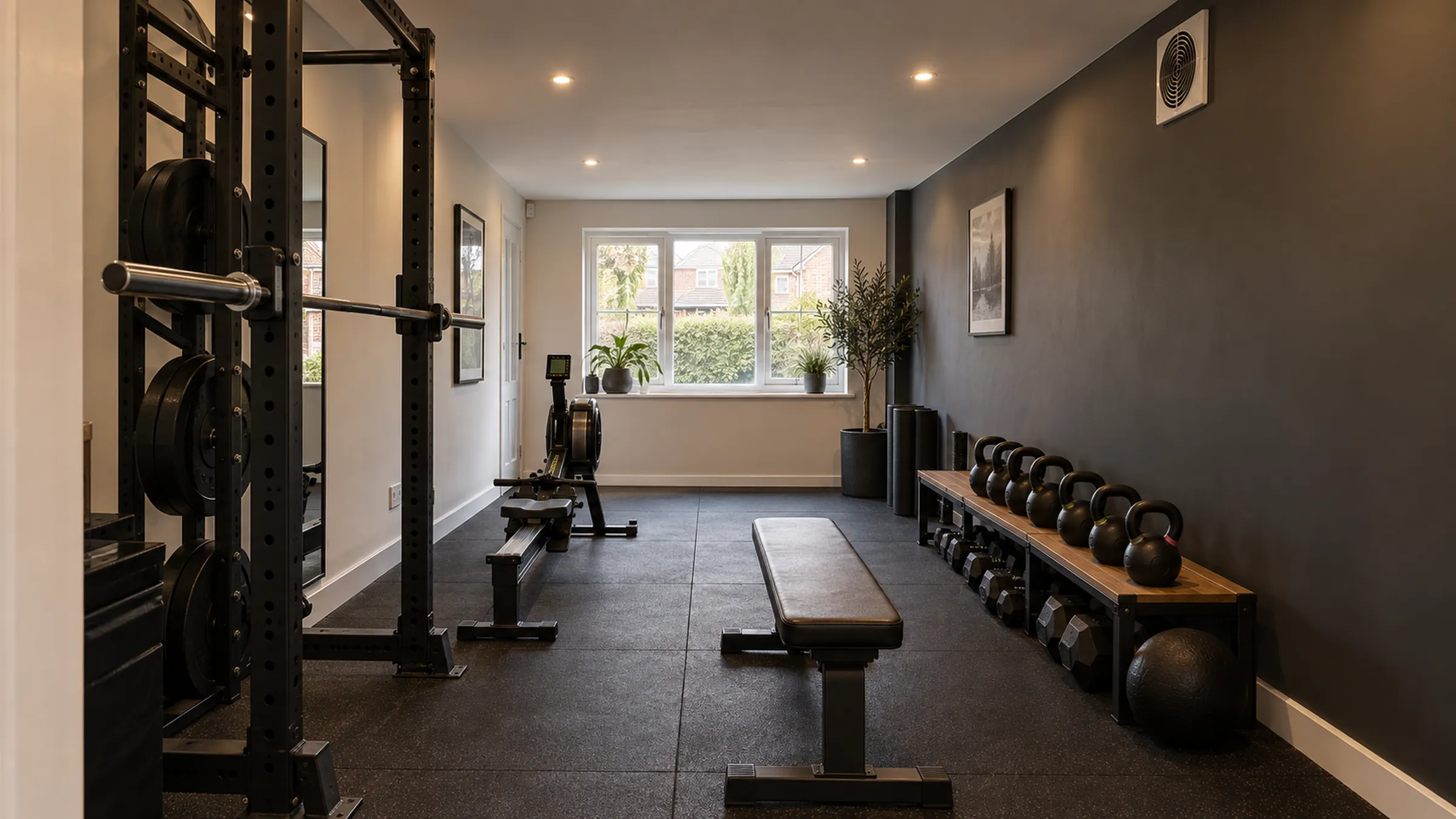 Garage converted into a home gym with power rack, kettlebells and rubber flooring