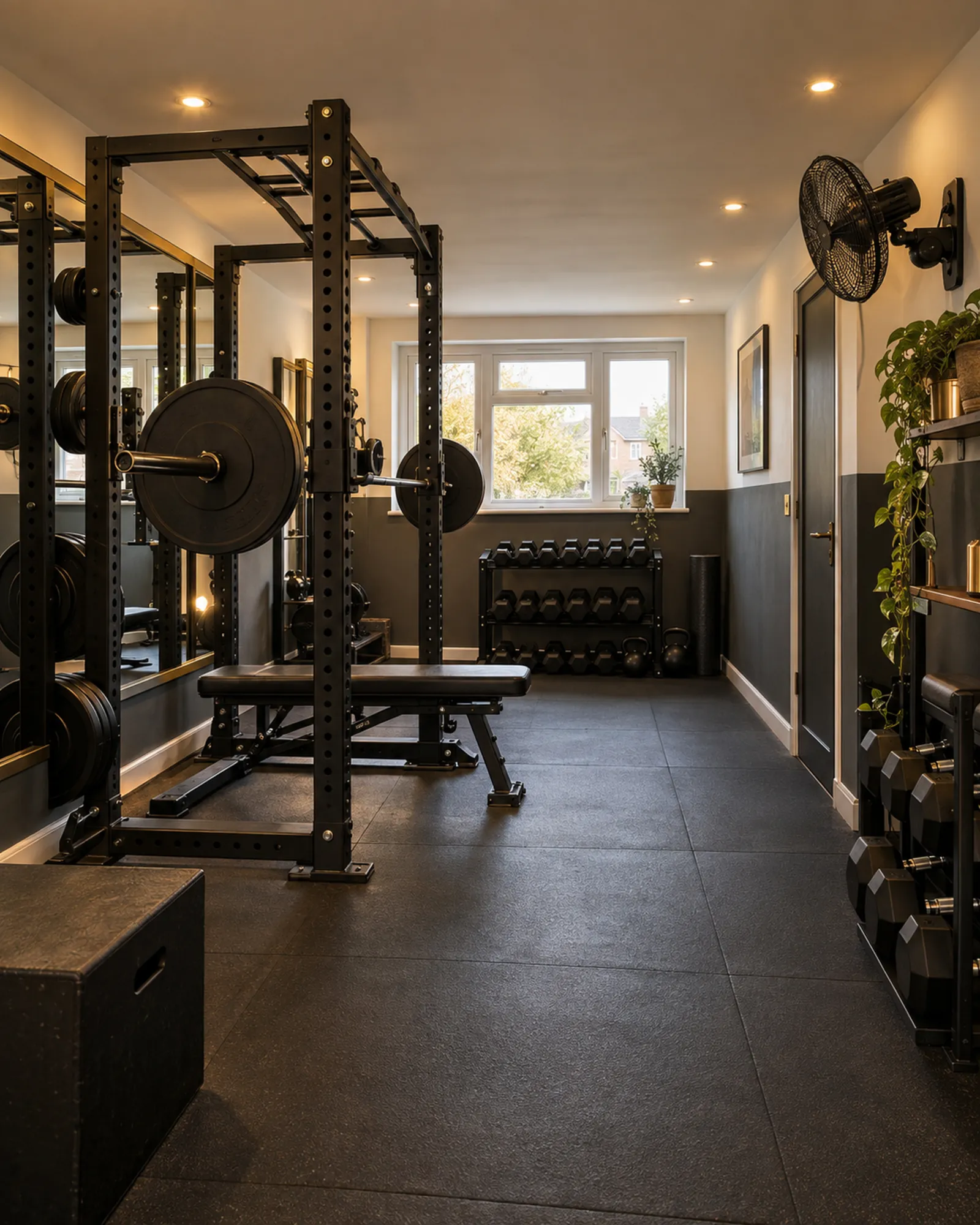 Garage converted into a home gym with power rack, kettlebells and rubber flooring