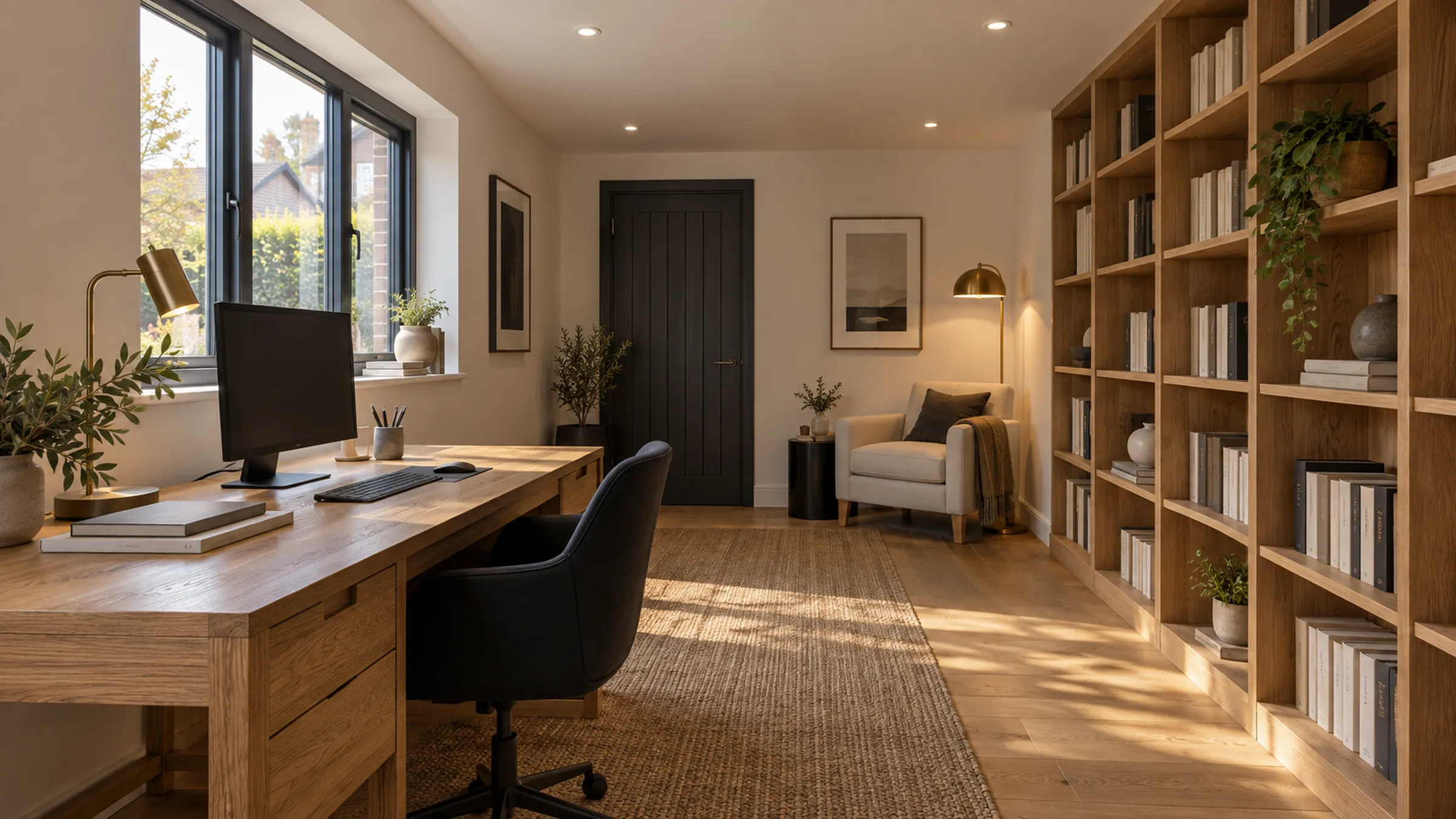 Garage converted into a home office with oak desk, fitted shelving and reading chair