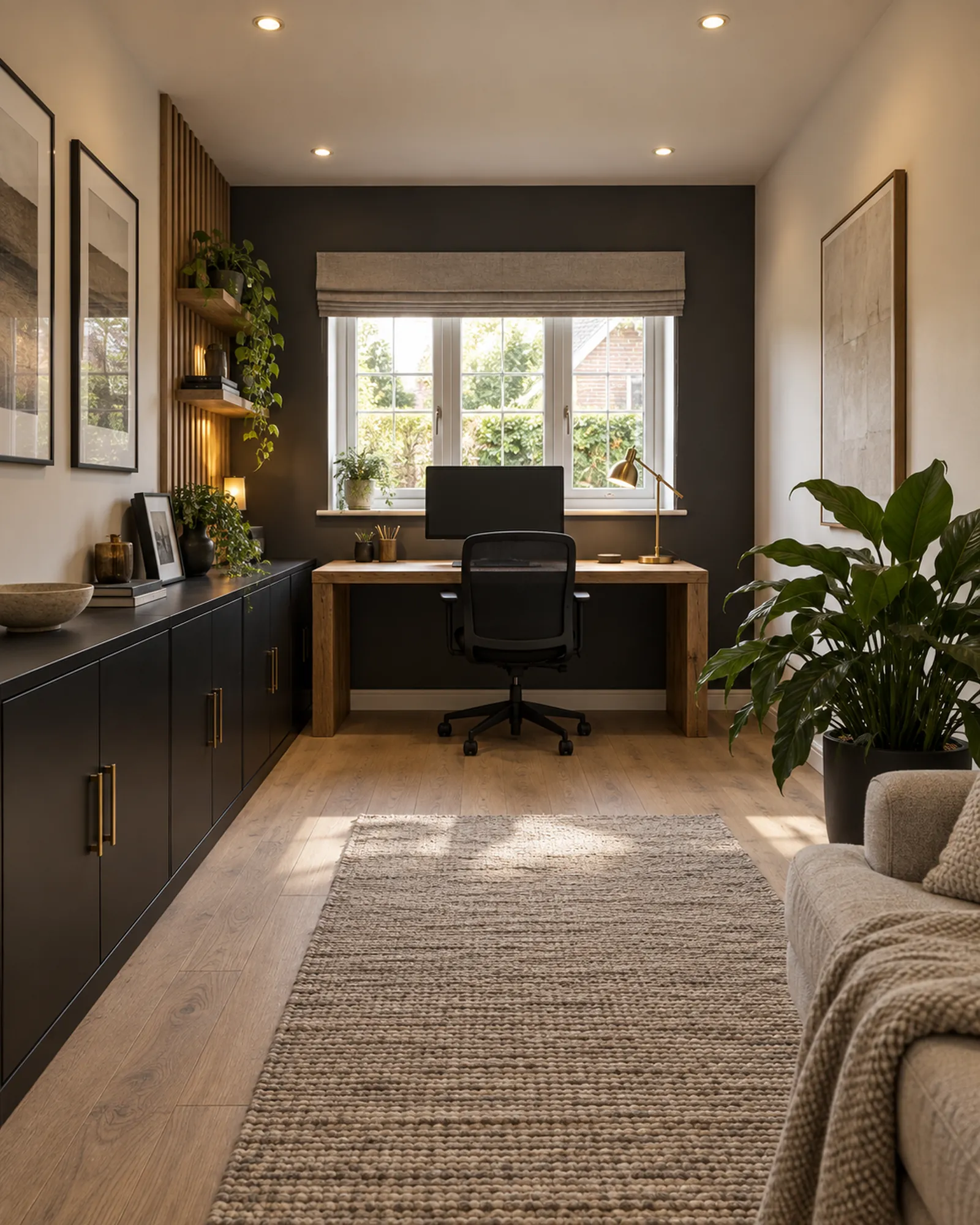 Garage converted into a home office with oak desk, fitted shelving and reading chair