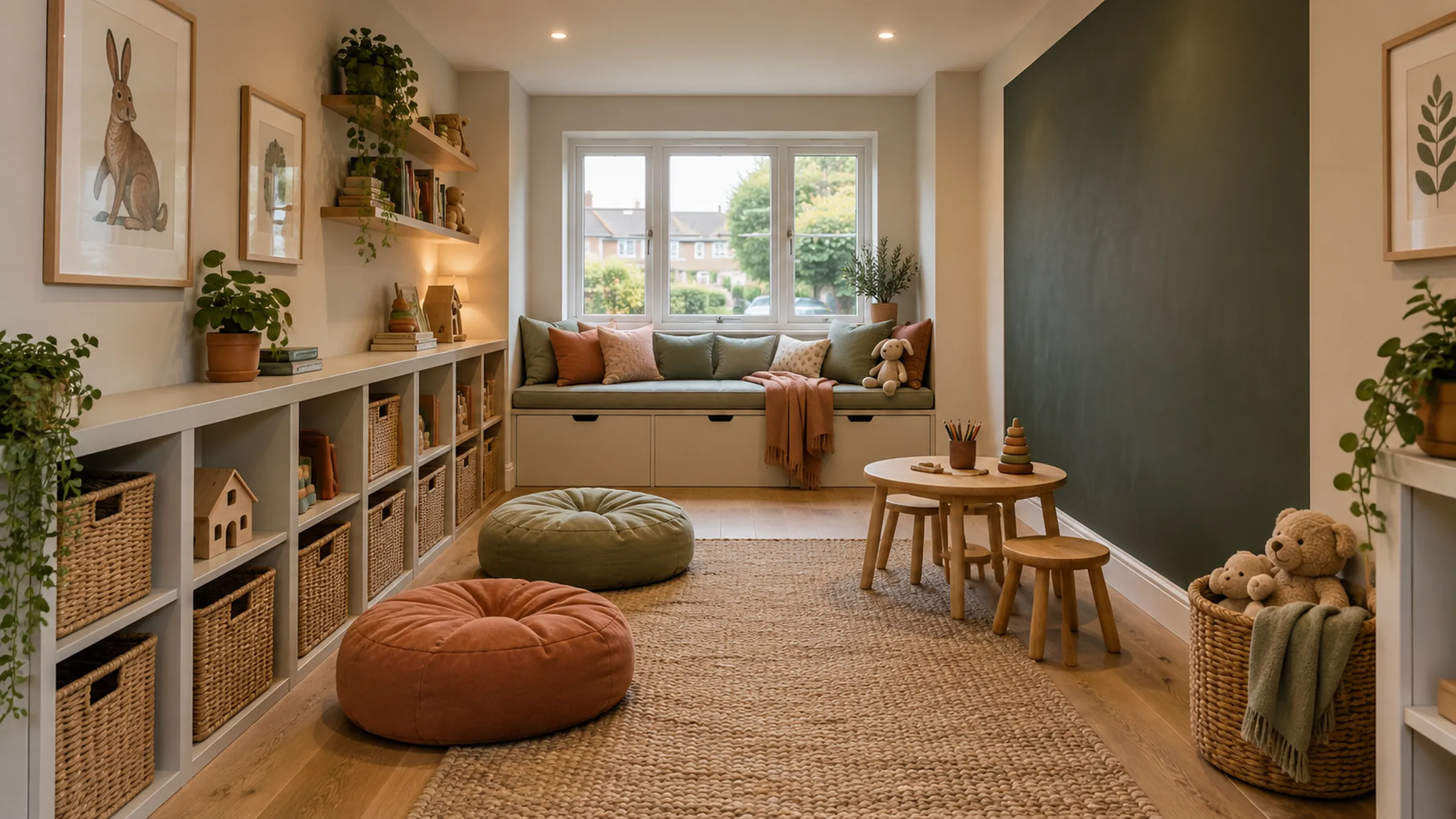 Garage converted into a playroom with built-in storage and a window seat