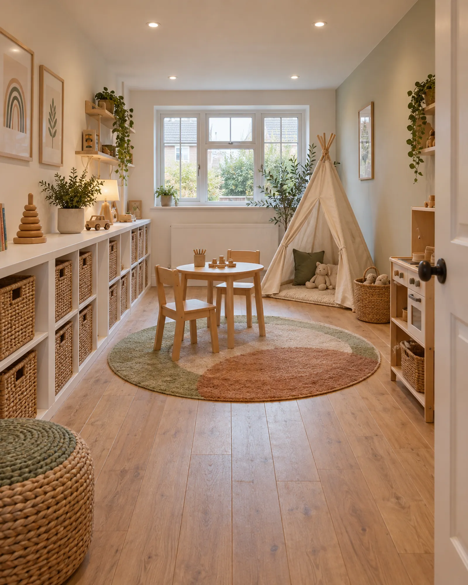 Garage converted into a playroom with built-in storage and a window seat