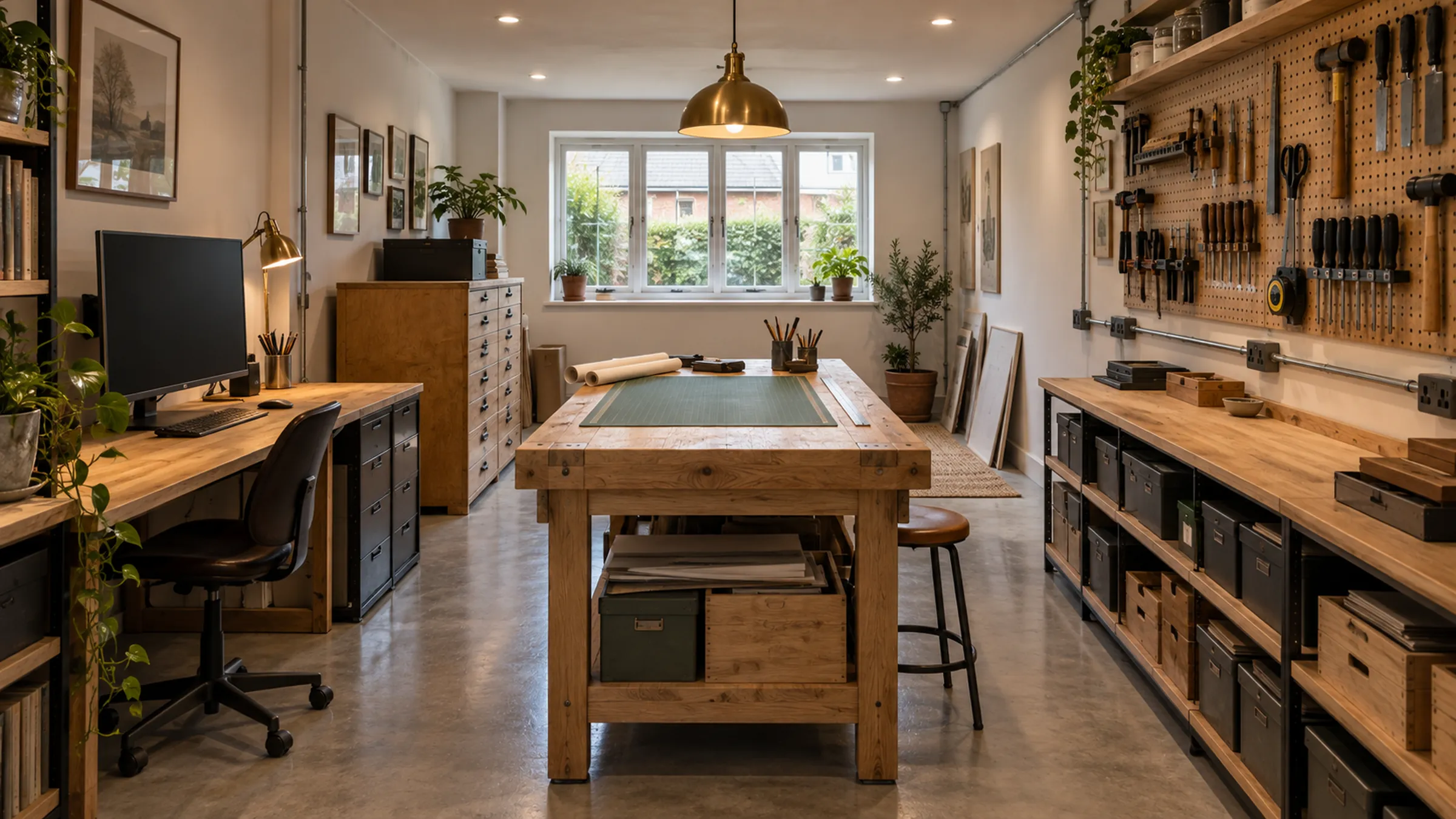 Garage converted into a maker's studio with worktable, desk and tool wall