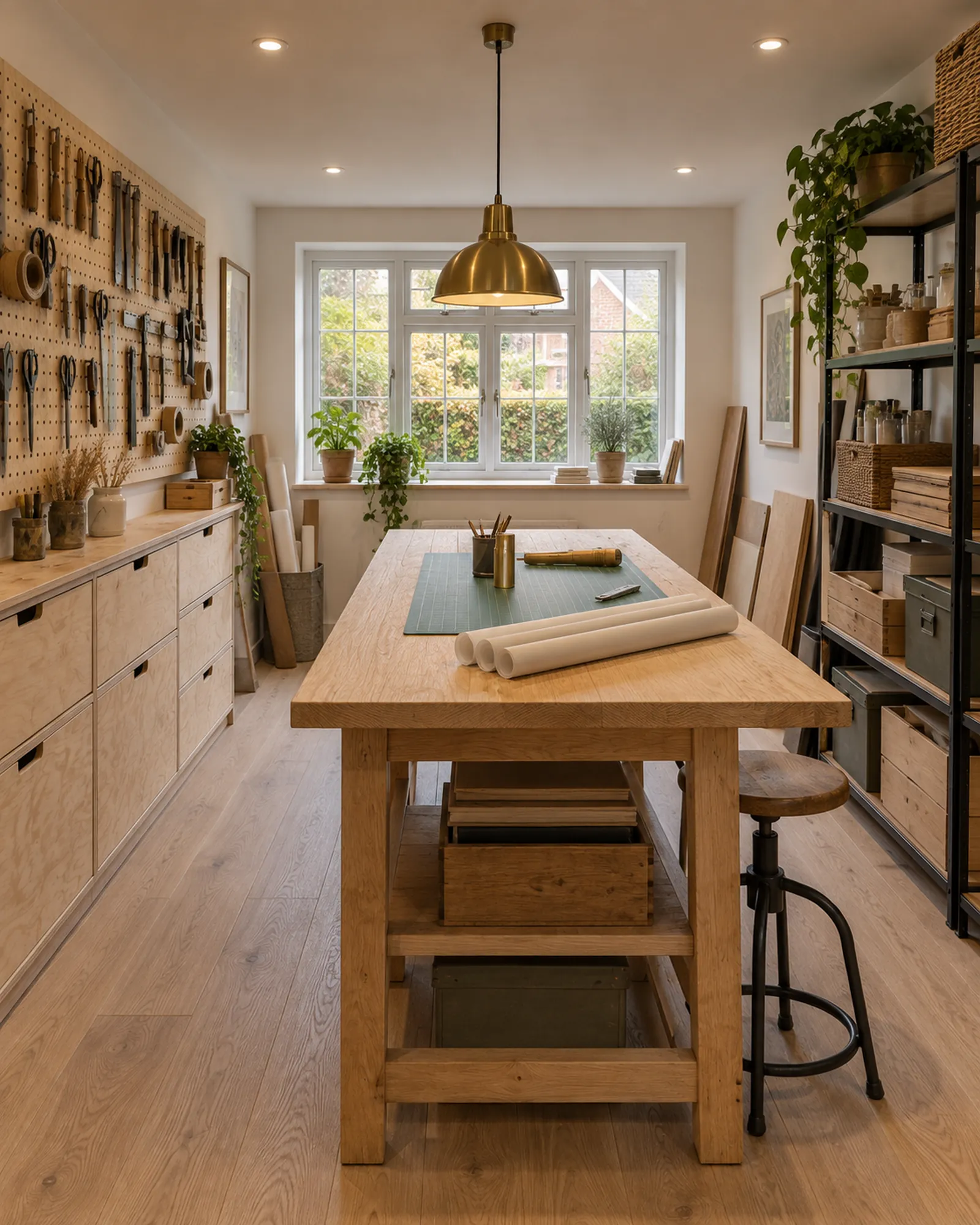 Garage converted into a maker's studio with worktable, desk and tool wall
